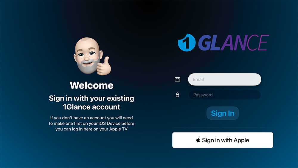 Sign in to 1Glance on Apple TV