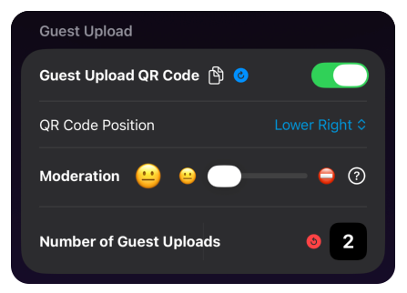 Guest Upload settings: QR code, position, moderation, and upload count