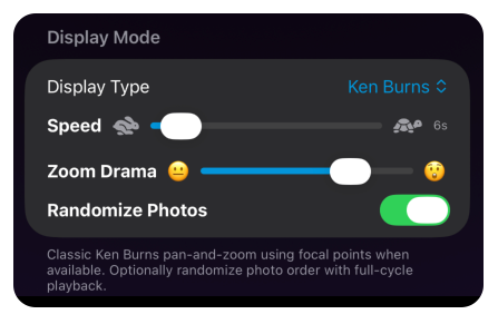 Slideshow Display Mode settings: Ken Burns, speed, zoom, and randomize